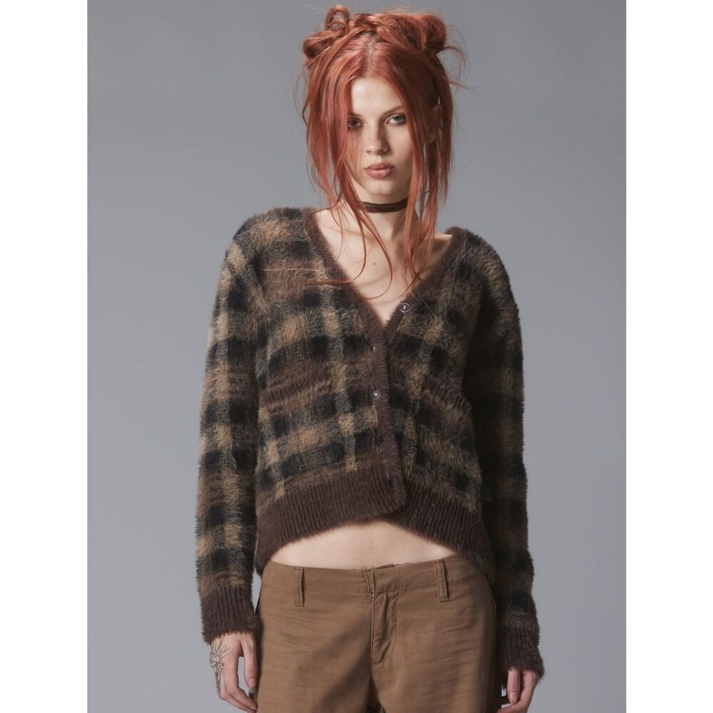 UNIF TY Plaid Mohair Blend Cardigan Grunge Style Women's‎ Sweater Size S